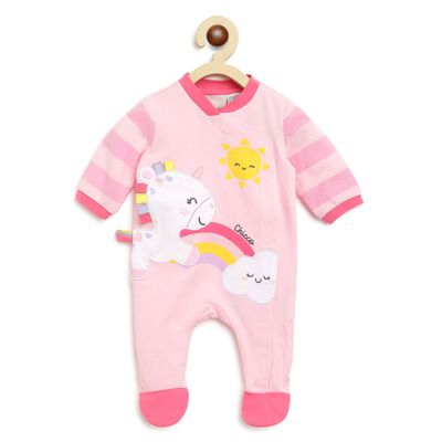 Girls Light Pink Printed Front Opening Babysuit